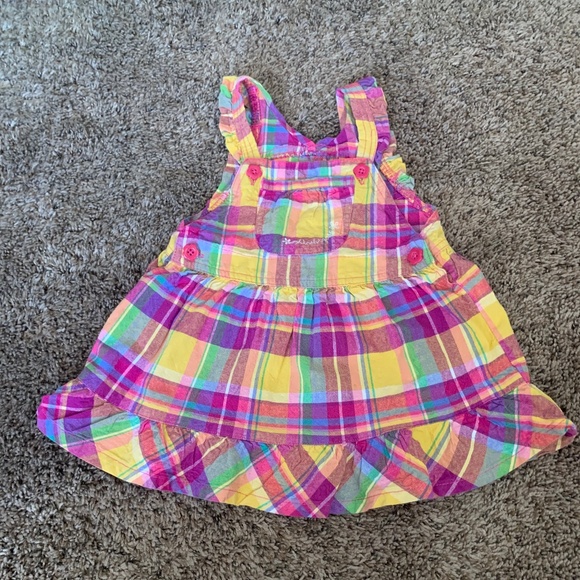 OshKosh B'gosh Pink Plaid Ruffle Trim Overalls Dress Sz.18m - Picture 1 of 9